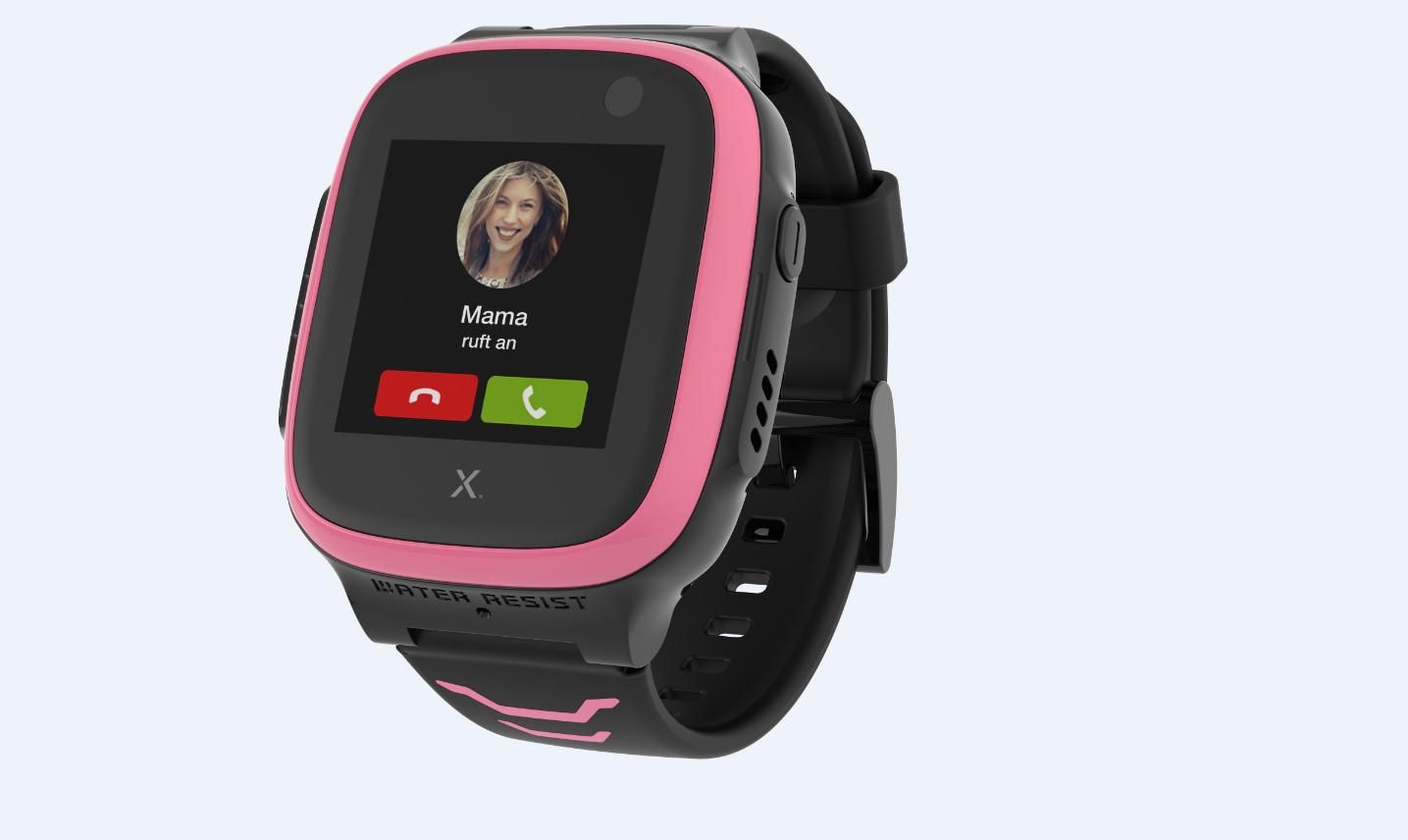 Pinke und schwarze Smartwatch. Sie zeigt eine Frau auf dem Bildschirm und empfängt einen Anruf.
