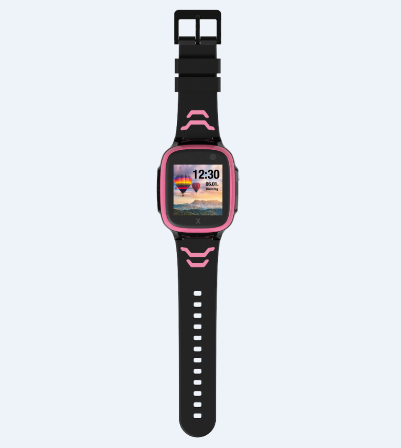 Pinke und schwarze Kinder-Smartwatch mit Zeitanzeige und Landschaft.