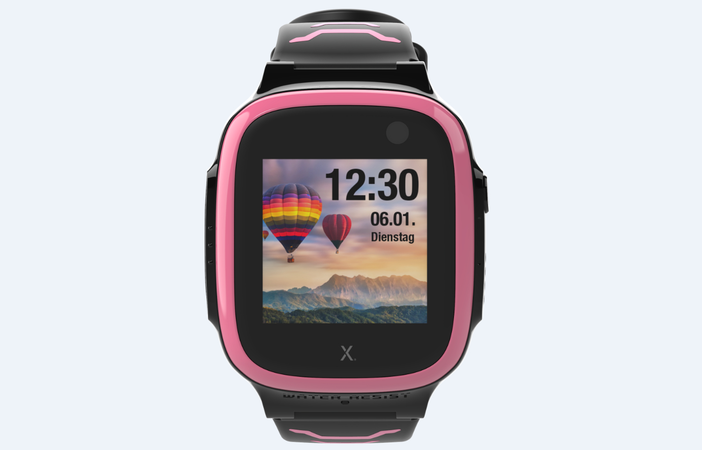 Eine Kinder-Smartwatch mit rosa Rahmen, schwarzem Band und digitaler Anzeige.
