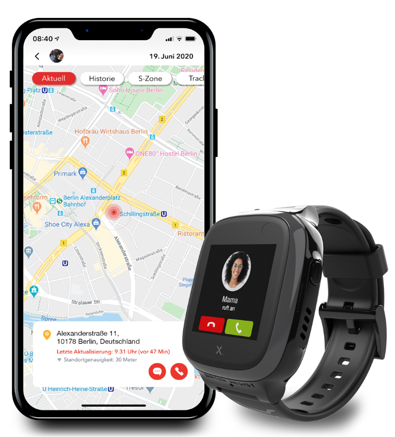 Eine schwarze Smartwatch zeigt eine Karte und einen Anruf von Mama an.