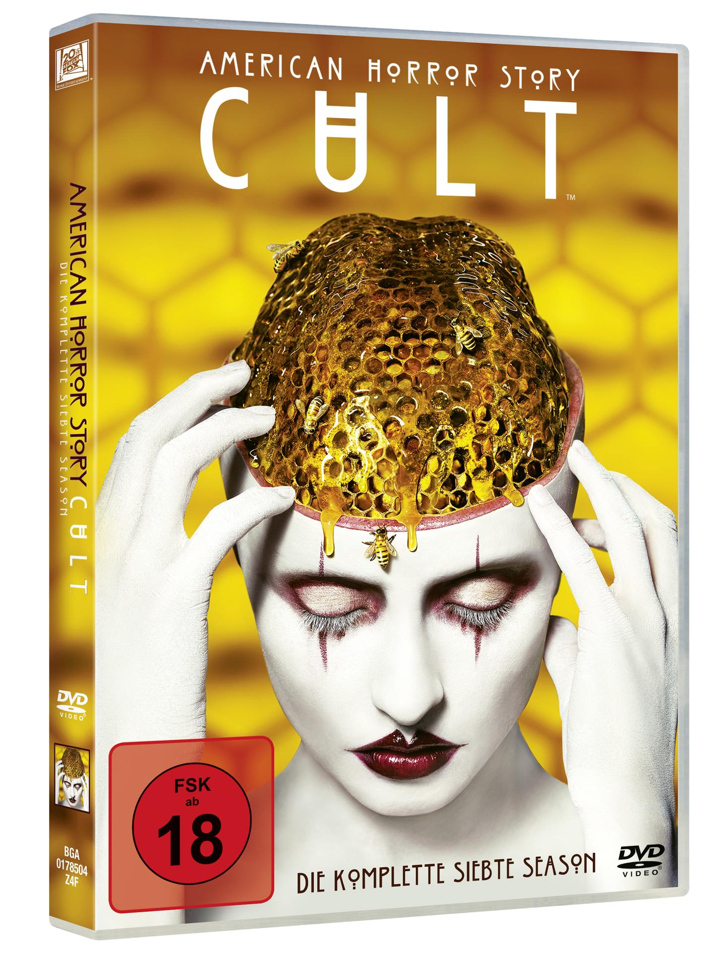 DVD-Cover für die Serie American Horror Story. Frau mit Bienenkorbkopf. Weißer Hintergrund.