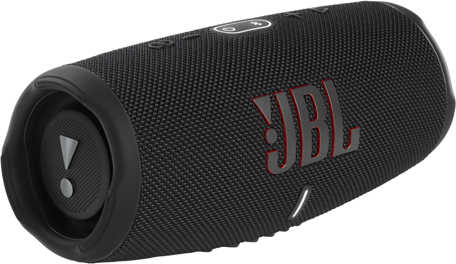 Fekete JBL hangszóró. Hengeres forma, piros JBL logóval. Felkiáltójel.