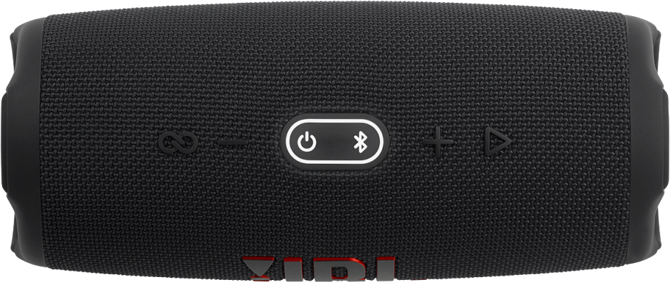 Fekete JBL Charge 5 hangszóró. Gombok vannak rajta felül, az JBL logó alul, piros színnel.