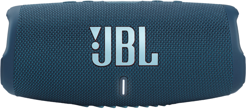 Sötétkék JBL hangszóró fehér JBL logóval. Hálószerű textúrája van.