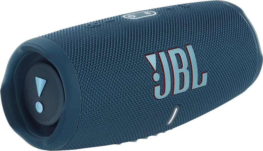 Egy kék JBL hangszóró fehér felületen.