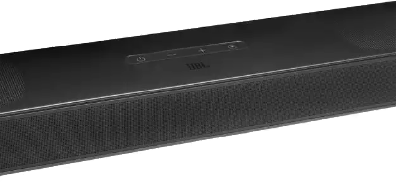 Fekete JBL soundbar. Gombok a tetején, hálós előlap. Fehér alapon.