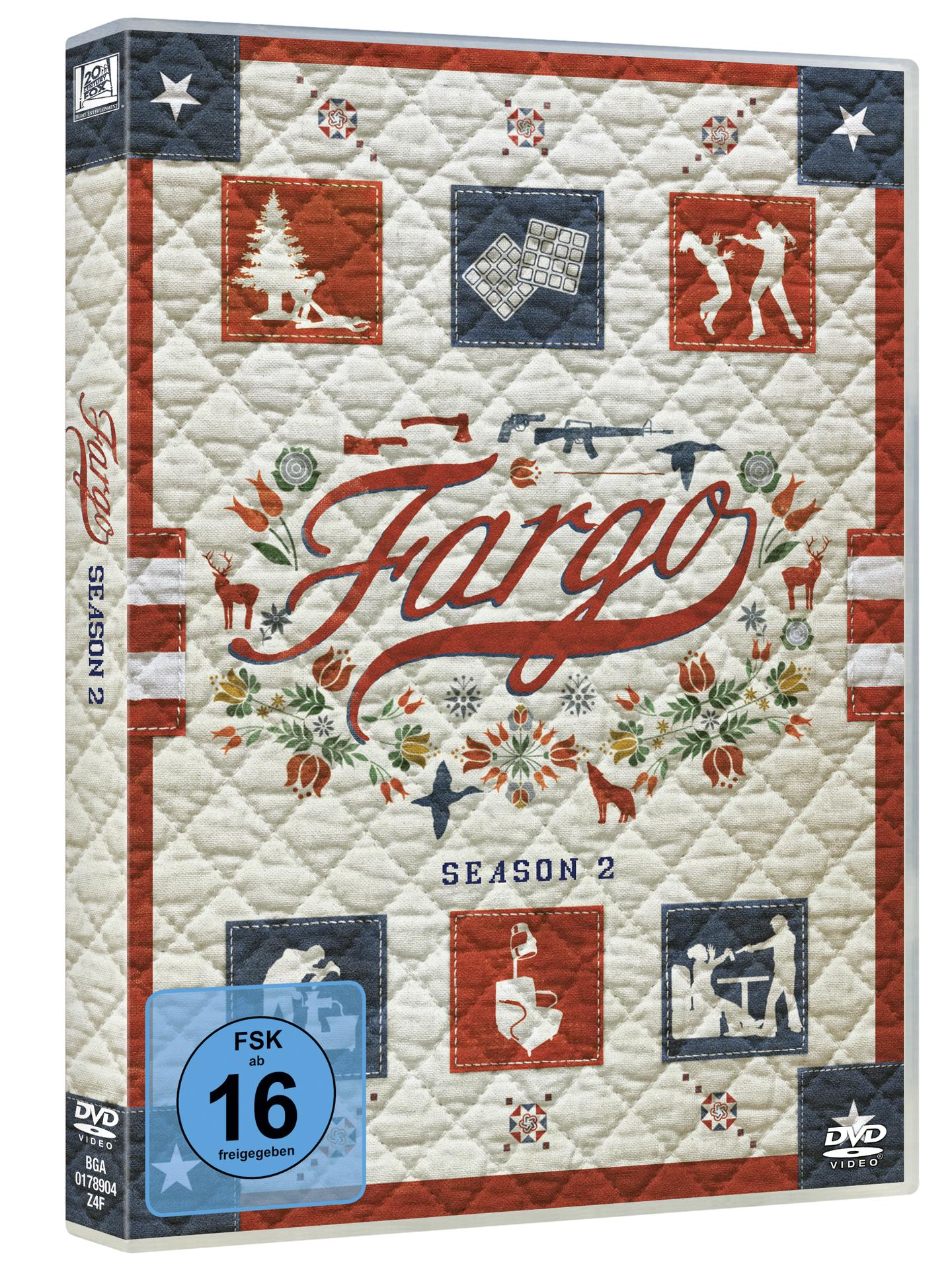 DVD-Cover für Fargo Staffel 2 mit einem quiltartigen Design.