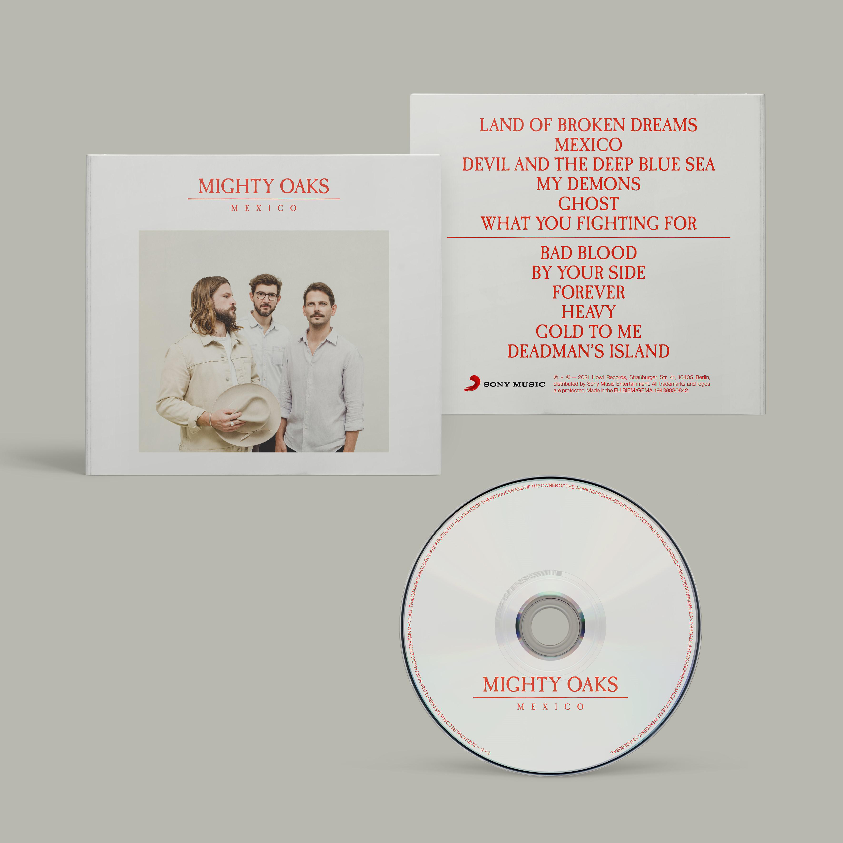 Eine CD-Hülle, CD und Cover mit dem Bandnamen 'Mighty Oaks' und 'Mexico'.