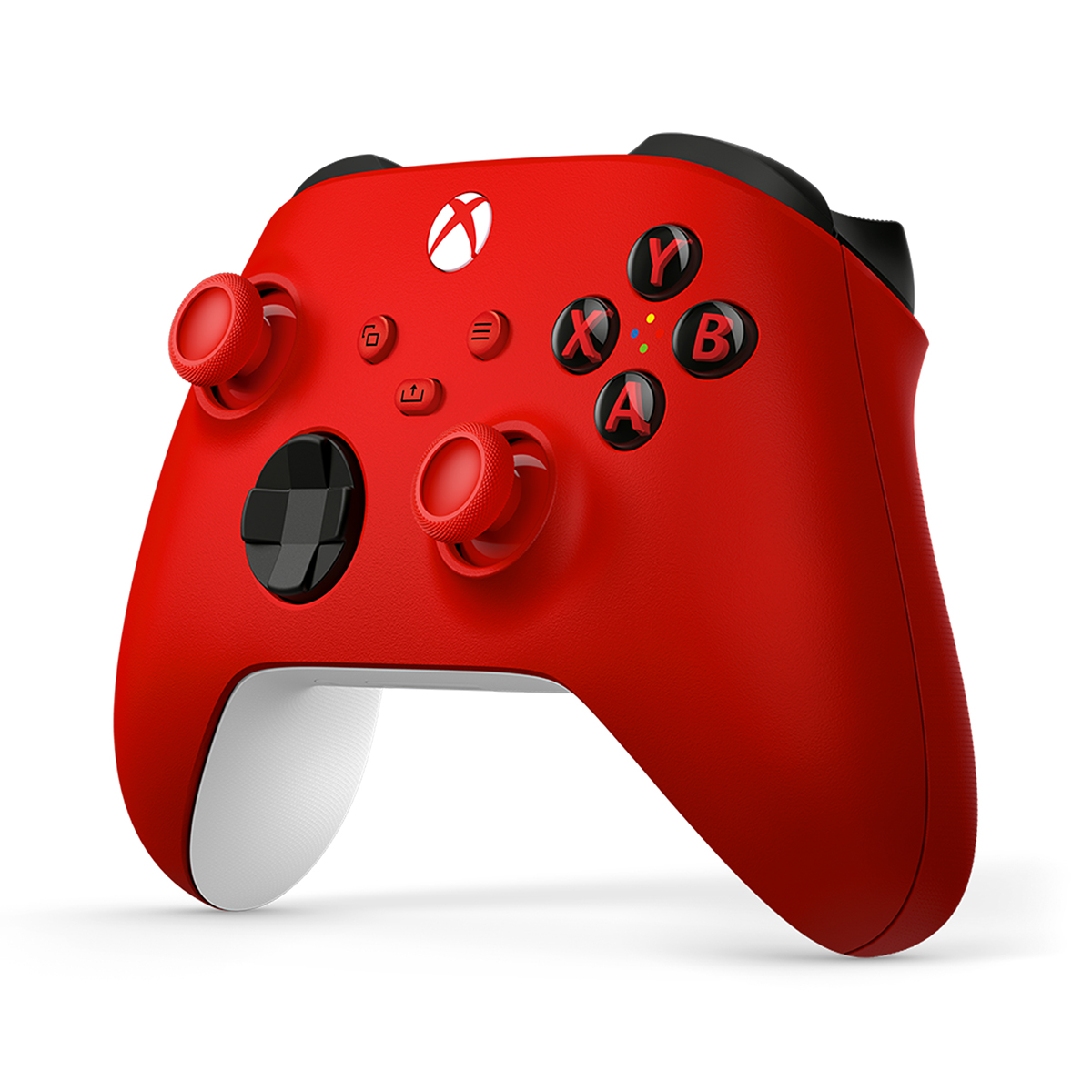 Kırmızı Xbox kontrolcüsü, siyah ve beyaz vurgular, etiketli düğmeler.