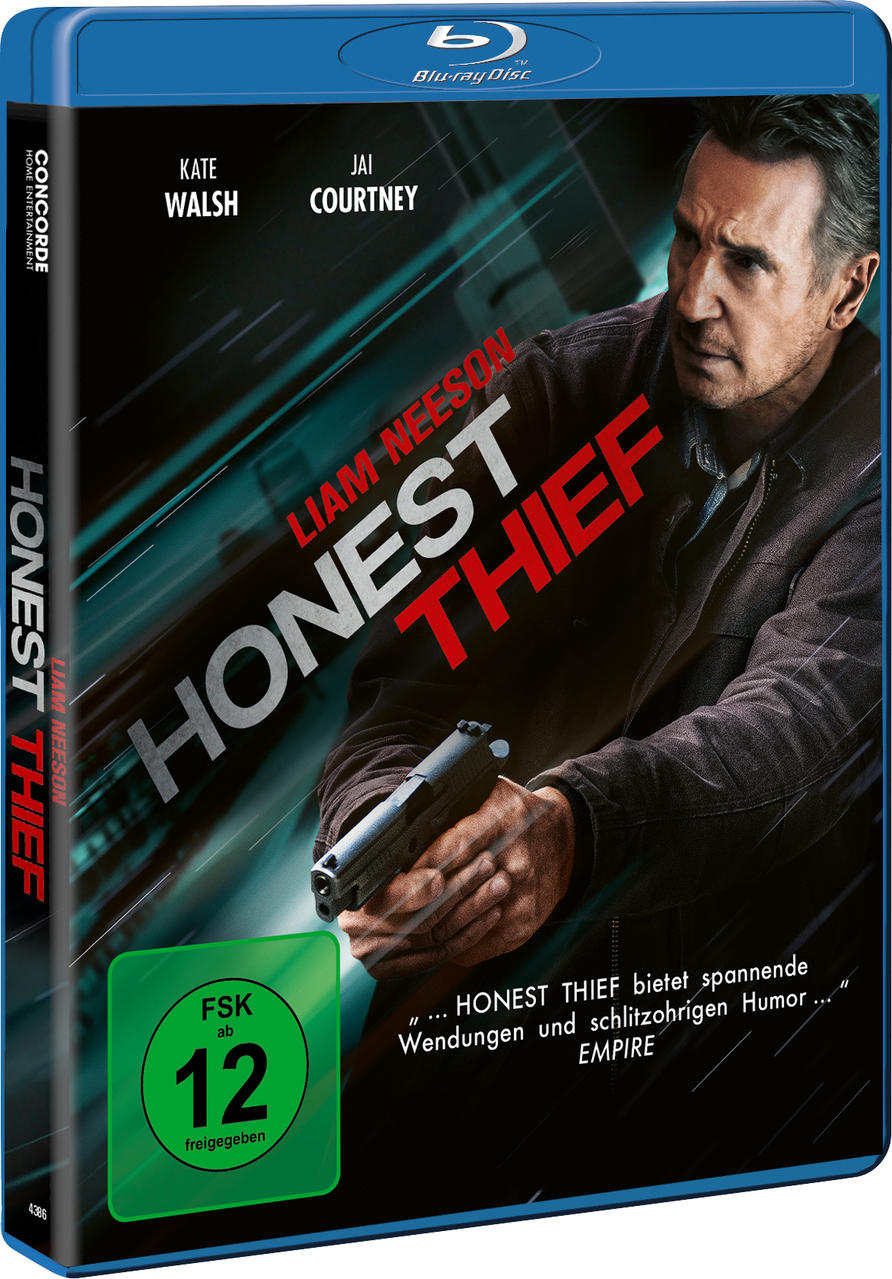 Blu-ray-Cover für Honest Thief. Es zeigt Liam Neeson mit einer Waffe. Der Hintergrund ist dunkel.