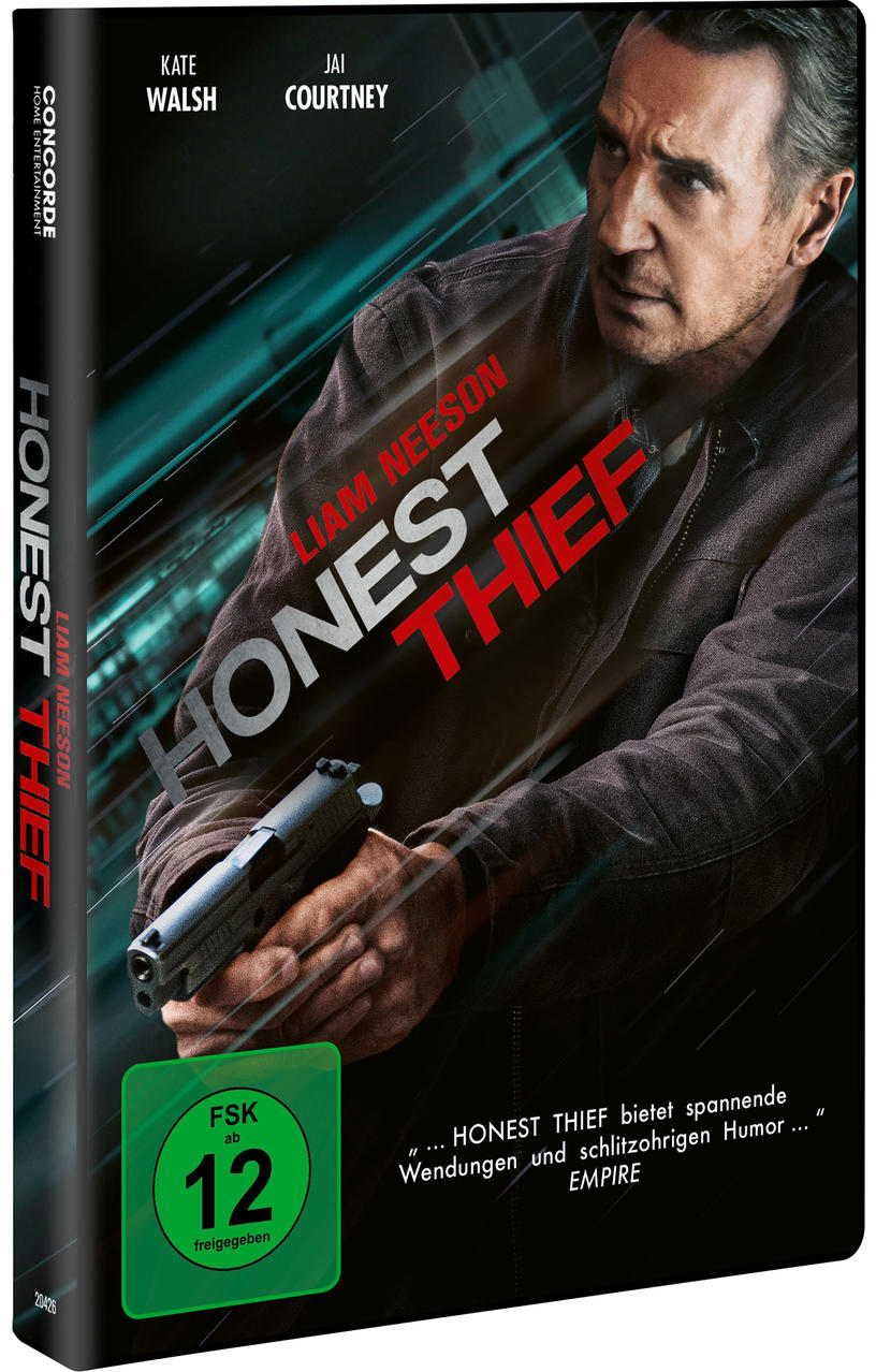Honest Thief DVD-Cover mit Liam Neeson, der eine Waffe hält.