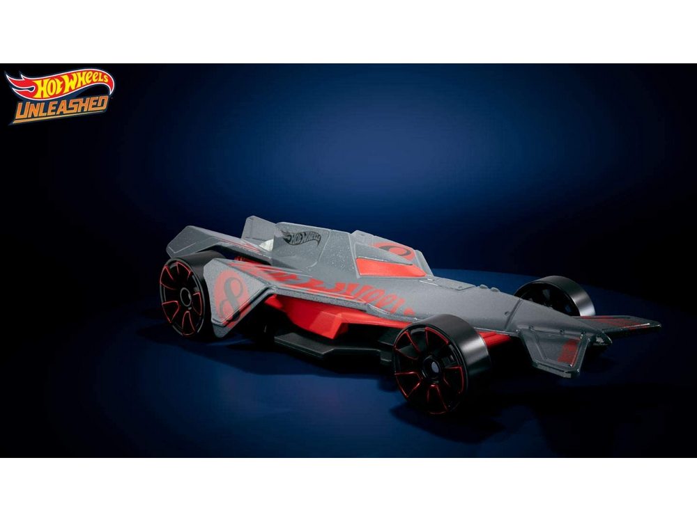 Un coche de juguete Hot Wheels en rojo y gris, sobre un fondo azul oscuro.