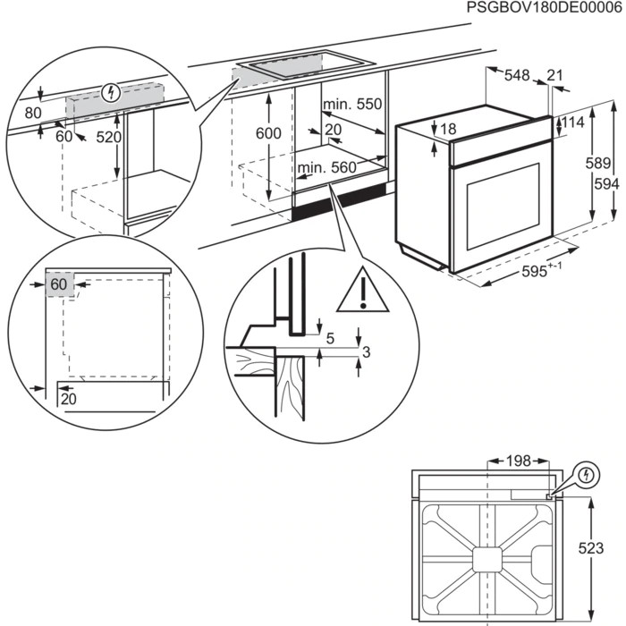 Sütő műszaki rajza méretekkel és diagramokkal, fehér háttéren.