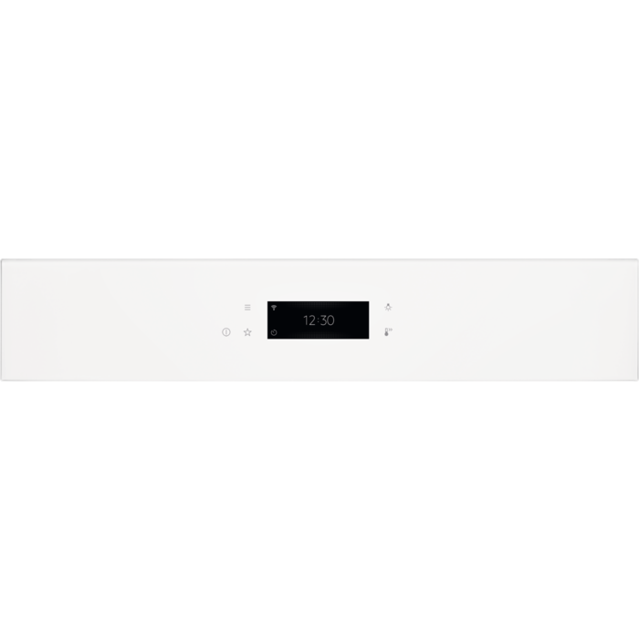 Fehér, téglalap alakú sütő vezérlőpanel digitális óra kijelzővel és ikonokkal.