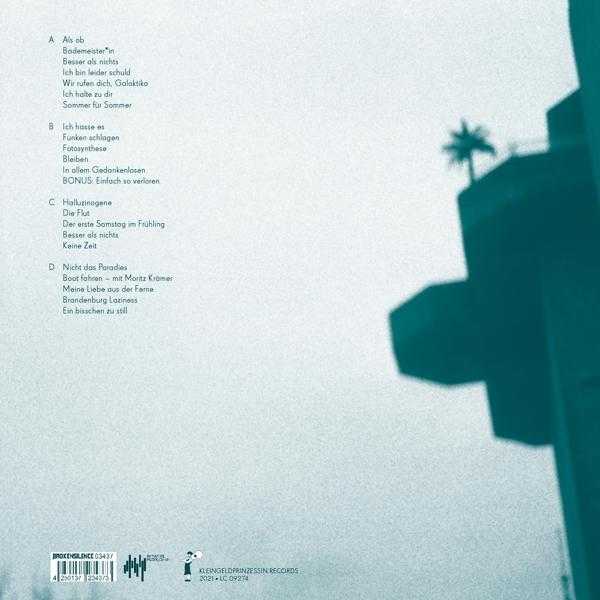 Eine Schallplattenhülle mit Songtexten. Der Hintergrund ist eine blaue Silhouette eines Gebäudes und einer Palme.