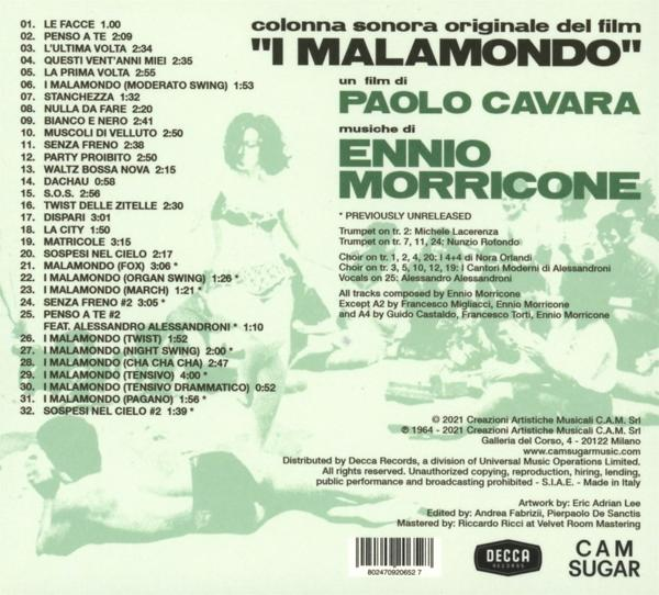 Dos d'un CD avec titres de chansons et crédits, Ennio Morricone, Decca Records.