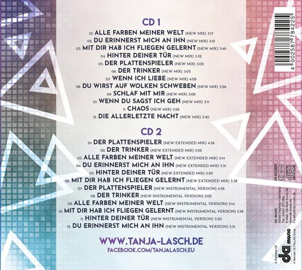 CD-Rückseite mit Titelliste, deutscher Text, farbenfrohes, dreieckiges Design.