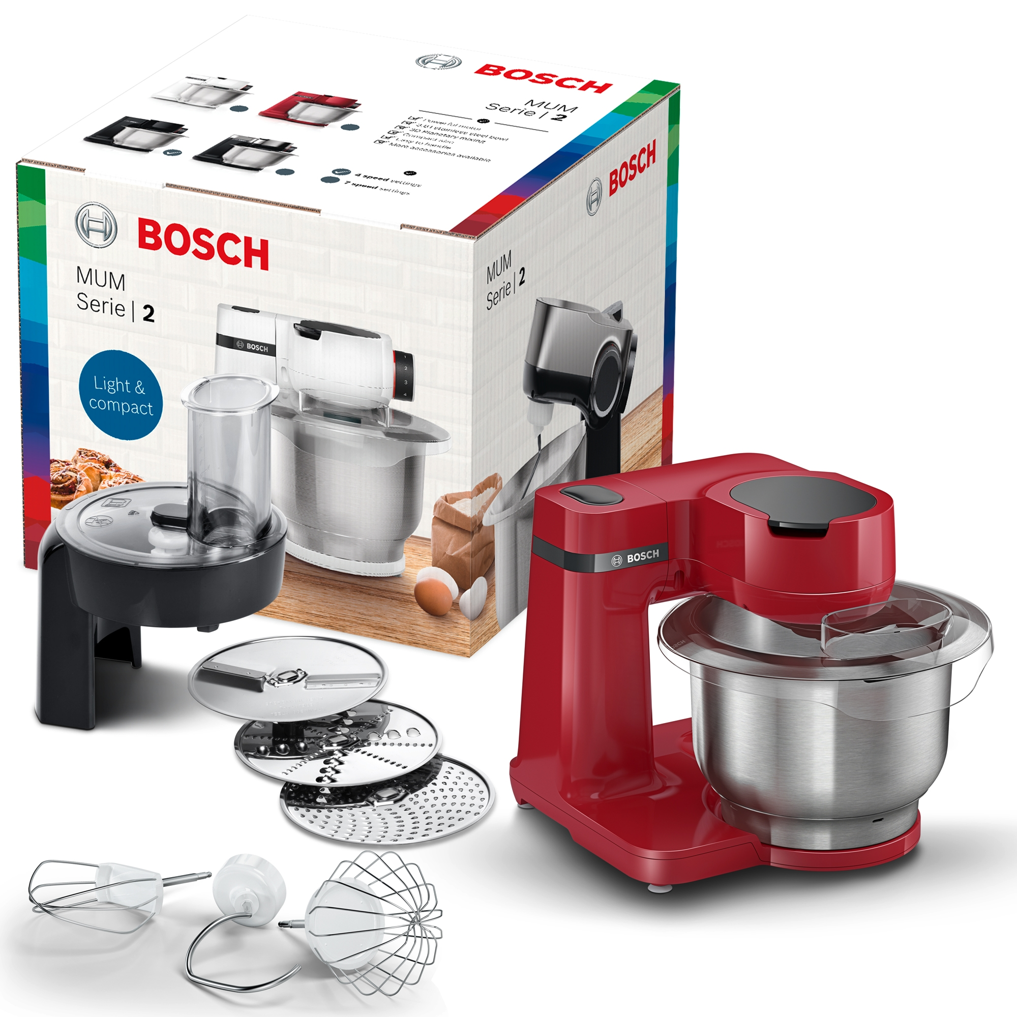 Una batidora de cocina Bosch roja con accesorios y una caja que muestra la batidora y otros modelos.