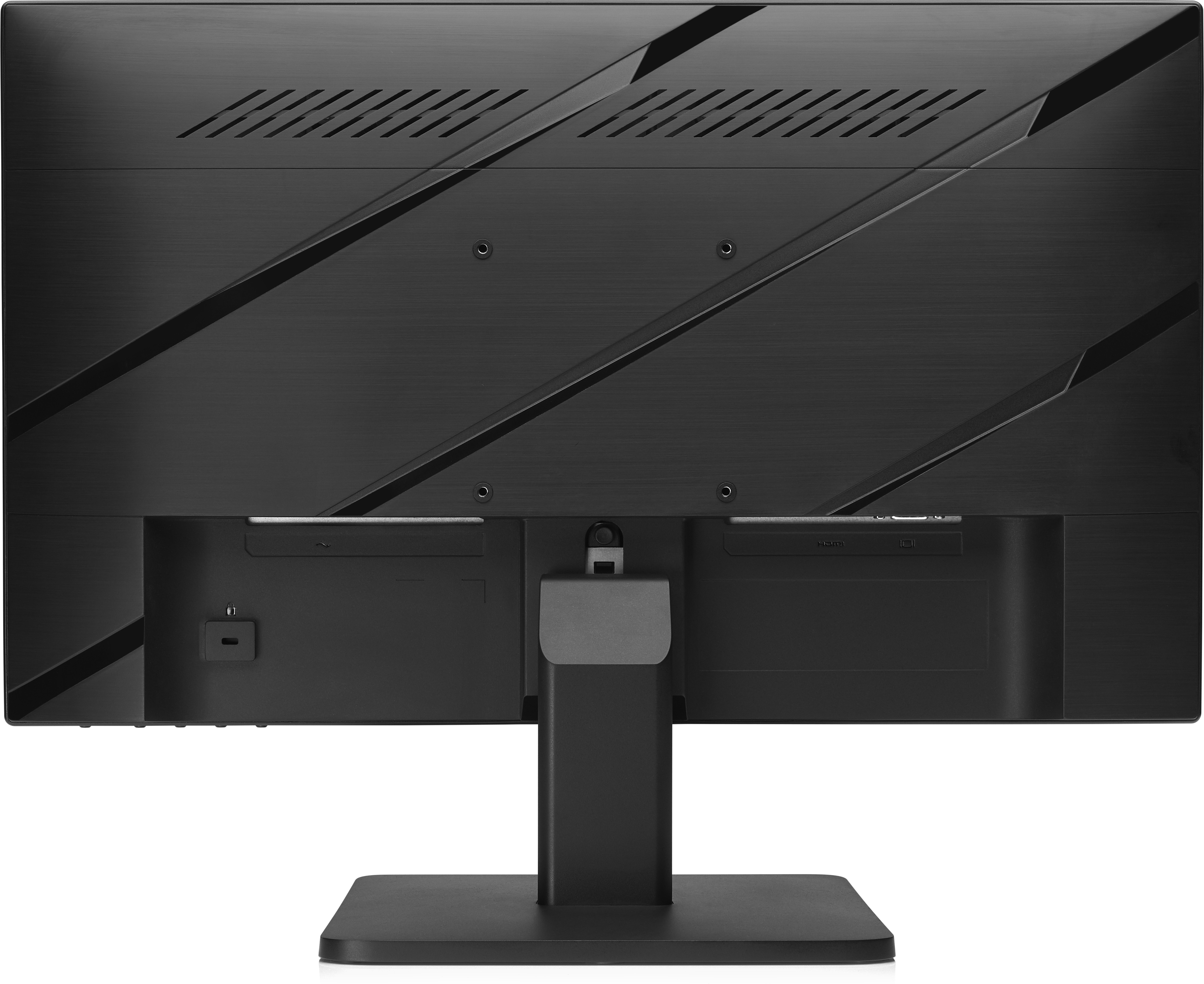 Parte trasera de un monitor de computadora negro con puertos y soporte.