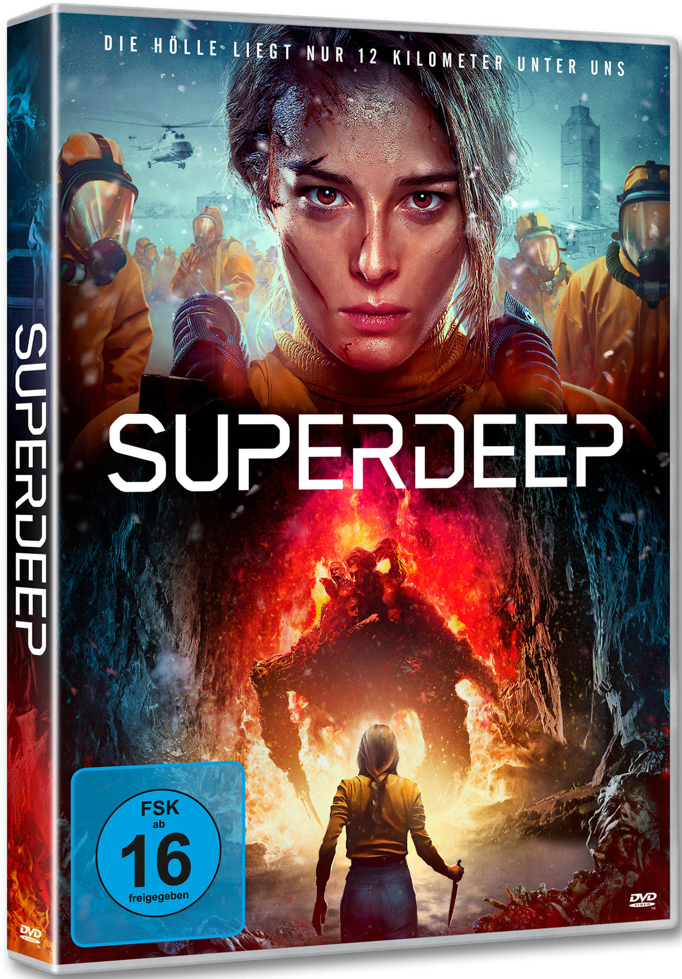 DVD-Cover mit einer Frau, die nach vorne schaut, einem Monster und einer Frau mit einem Messer.