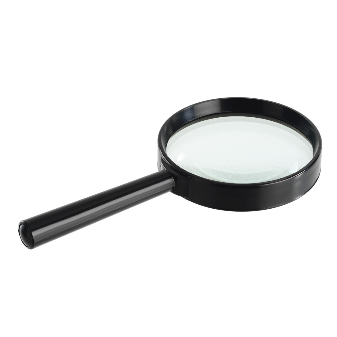 Schwarze Lupe mit Griff und klarer Glaslinse.