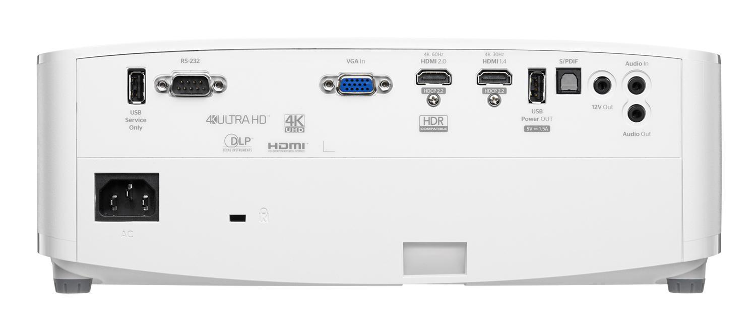 Rückseite des weißen Projektors mit Anschlüssen: USB, VGA, HDMI und Audio. AC-Anschluss und Ein/Aus-Taste.