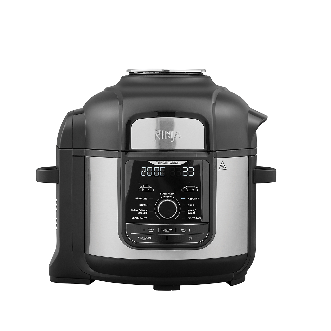 Ein Ninja TenderCrisp Multikocher. Er ist schwarz und silberfarben und hat ein digitales Display, das Einstellungen anzeigt.