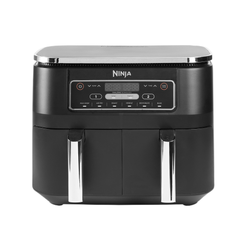 Ein schwarzer Ninja-Heißluftfritteuse mit silberner Oberseite und Griffen. Es hat ein digitales Display und mehrere Funktionstasten.