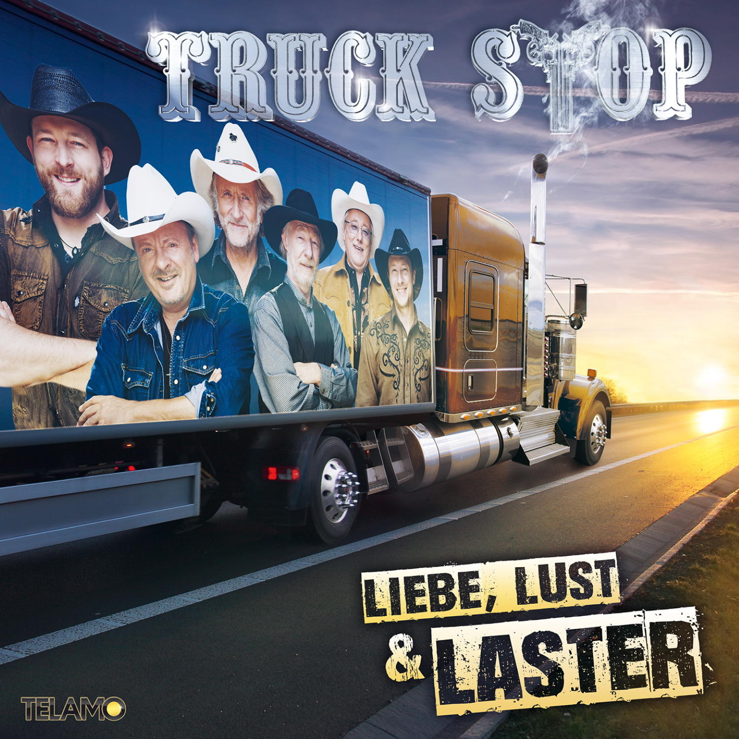 Truck Stop Albumcover mit LKW und Musikern. Es hat einen Sonnenuntergang im Hintergrund.