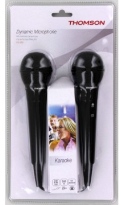 Verpakte set zwarte Thomson microfoons met een Karaoke label.