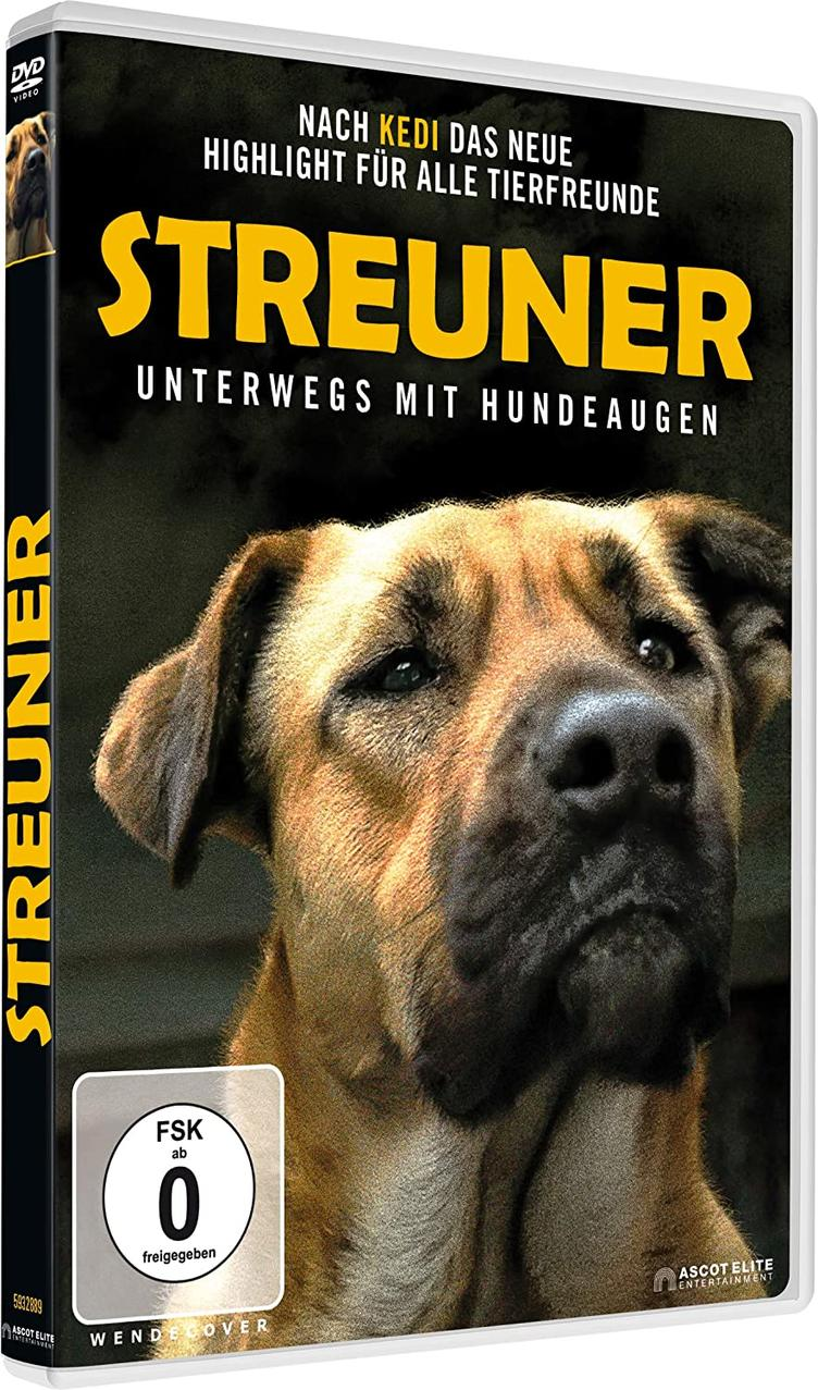 DVD-Cover: Ein Hund mit dem Text 'STREUNER' und 'UNTERWEGS MIT HUNDEAUGEN' auf der Vorderseite.