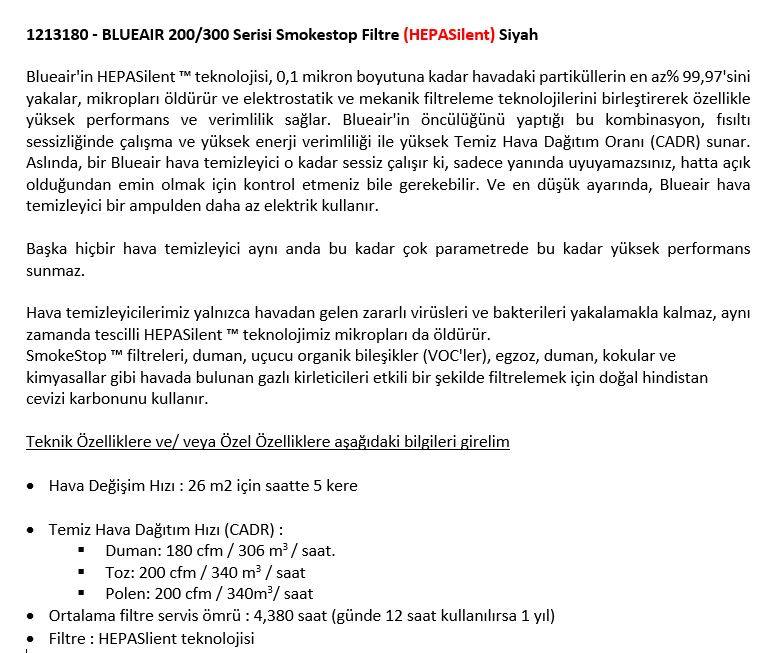 BLUEAIR 200/300 Serisi Smokestop Filtre (HEPASilent) Siyah