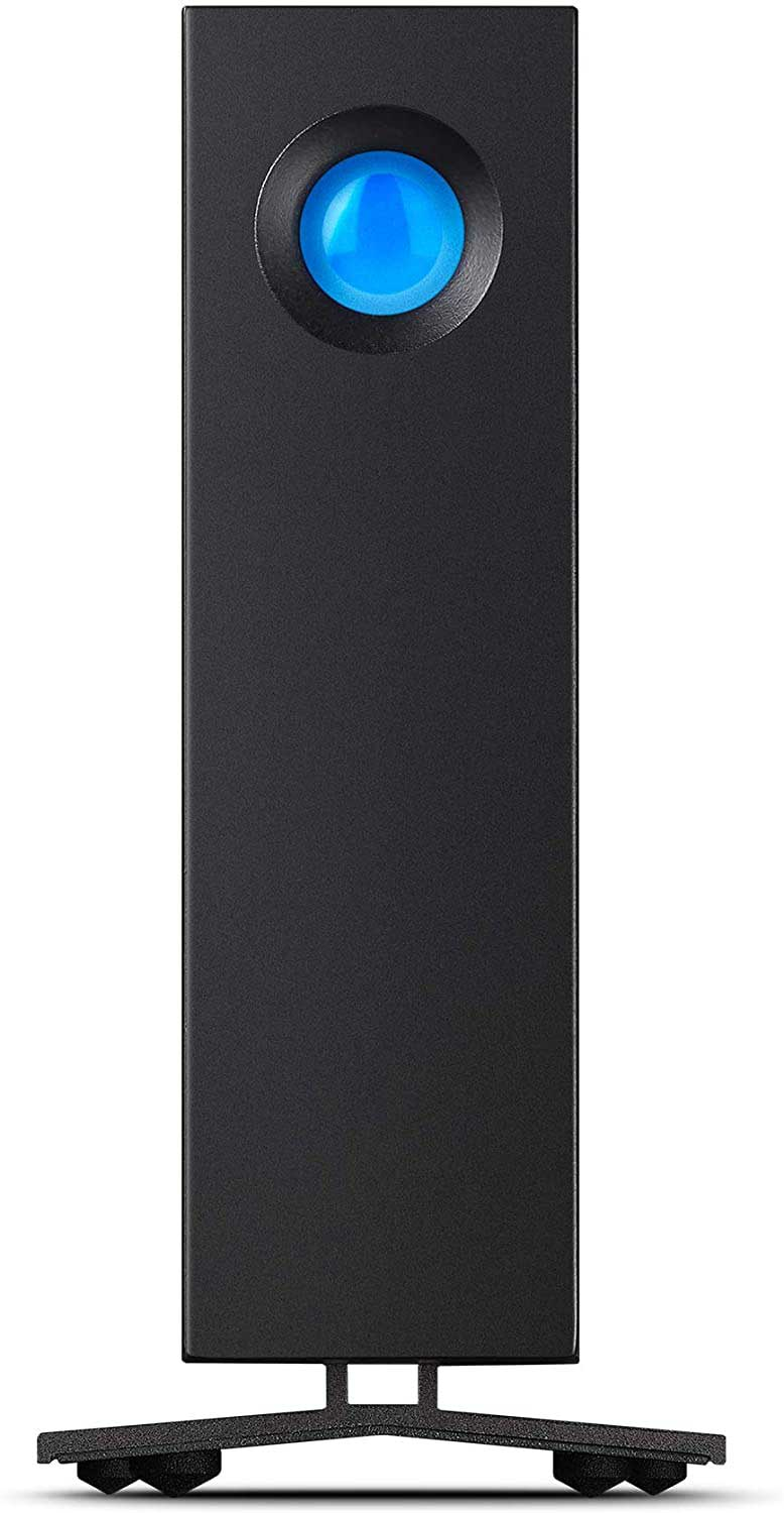 Disque dur externe noir, vertical, avec un indicateur lumineux bleu en haut.