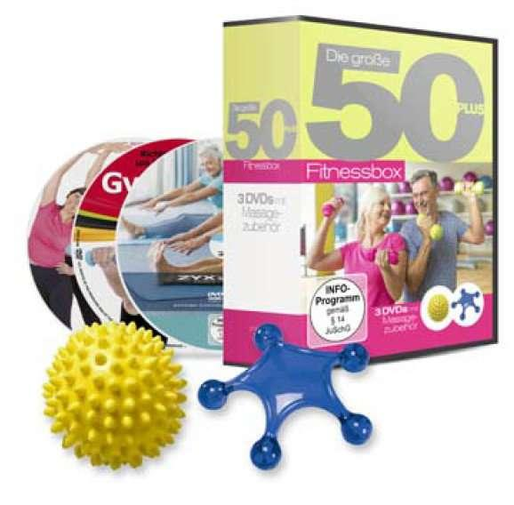Fitness-Box-Set mit DVDs, einem gelben Stachelball und einem blauen Massage-Tool.