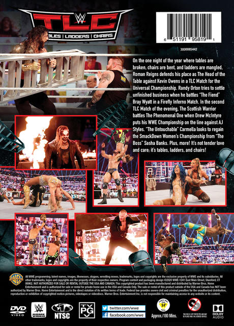 WWE DVD-Cover. Wrestler in Aktion. Tische, Leitern, Stühle. Publikum im Hintergrund.