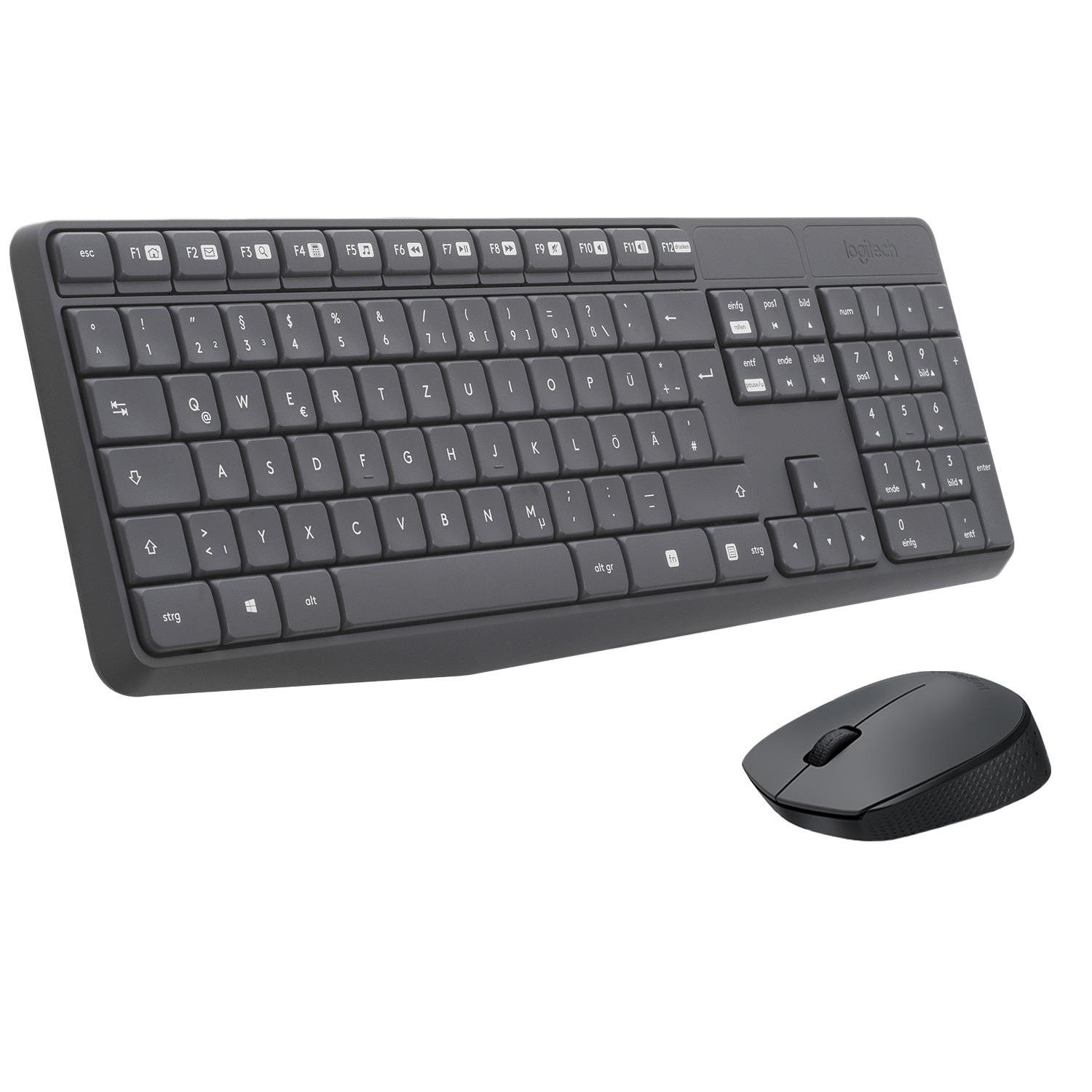 Graue Logitech-Tastatur und -Maus. Die Tastatur hat viele Tasten mit Buchstaben und Symbolen.
