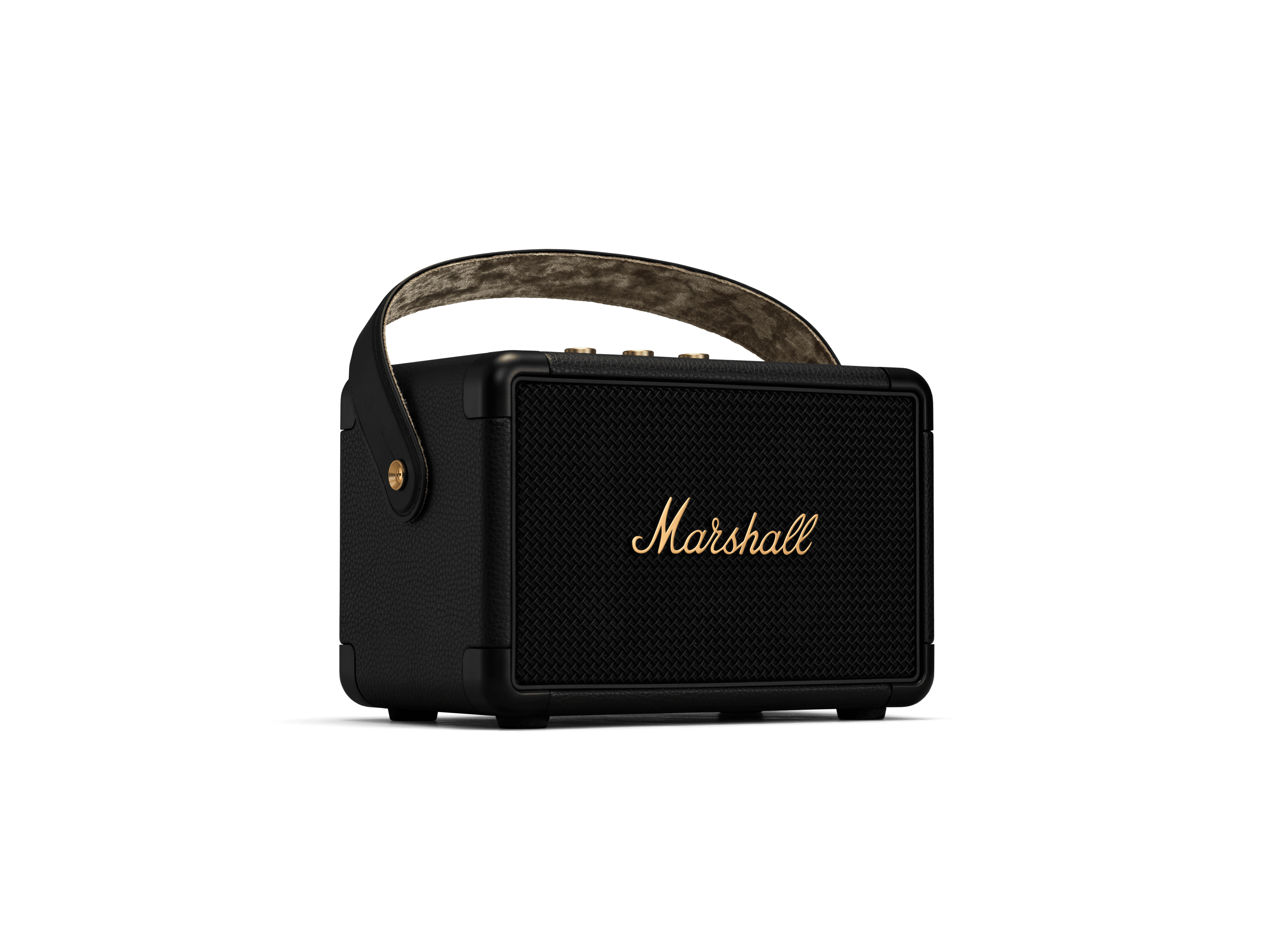 Schwarzer Marshall-Lautsprecher mit Ledergriff und goldenem Marshall-Logo vorne.