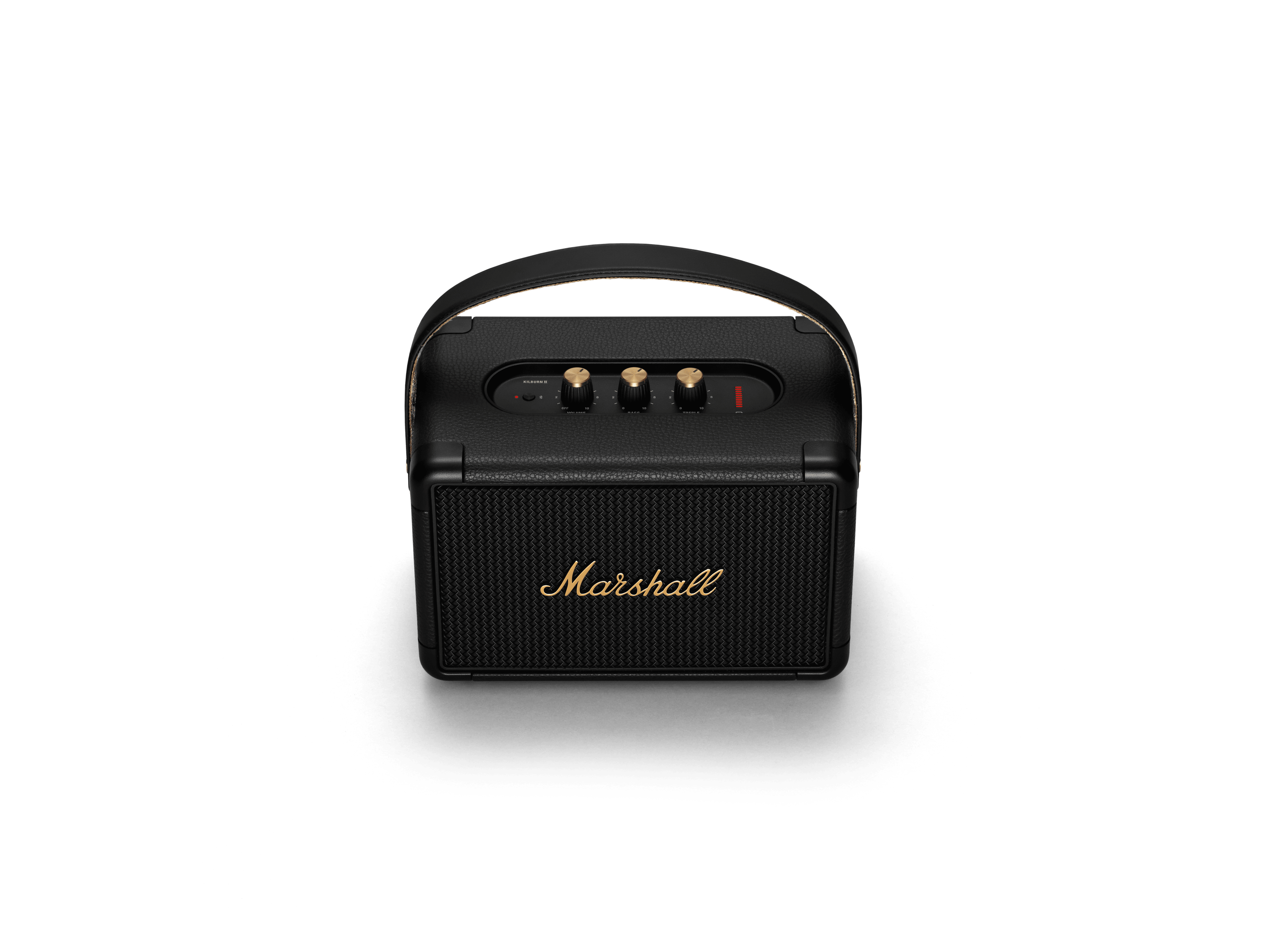 Schwarzer Marshall-Lautsprecher mit goldenem Marshall-Logo. Er hat goldene Knöpfe oben und einen Griff.