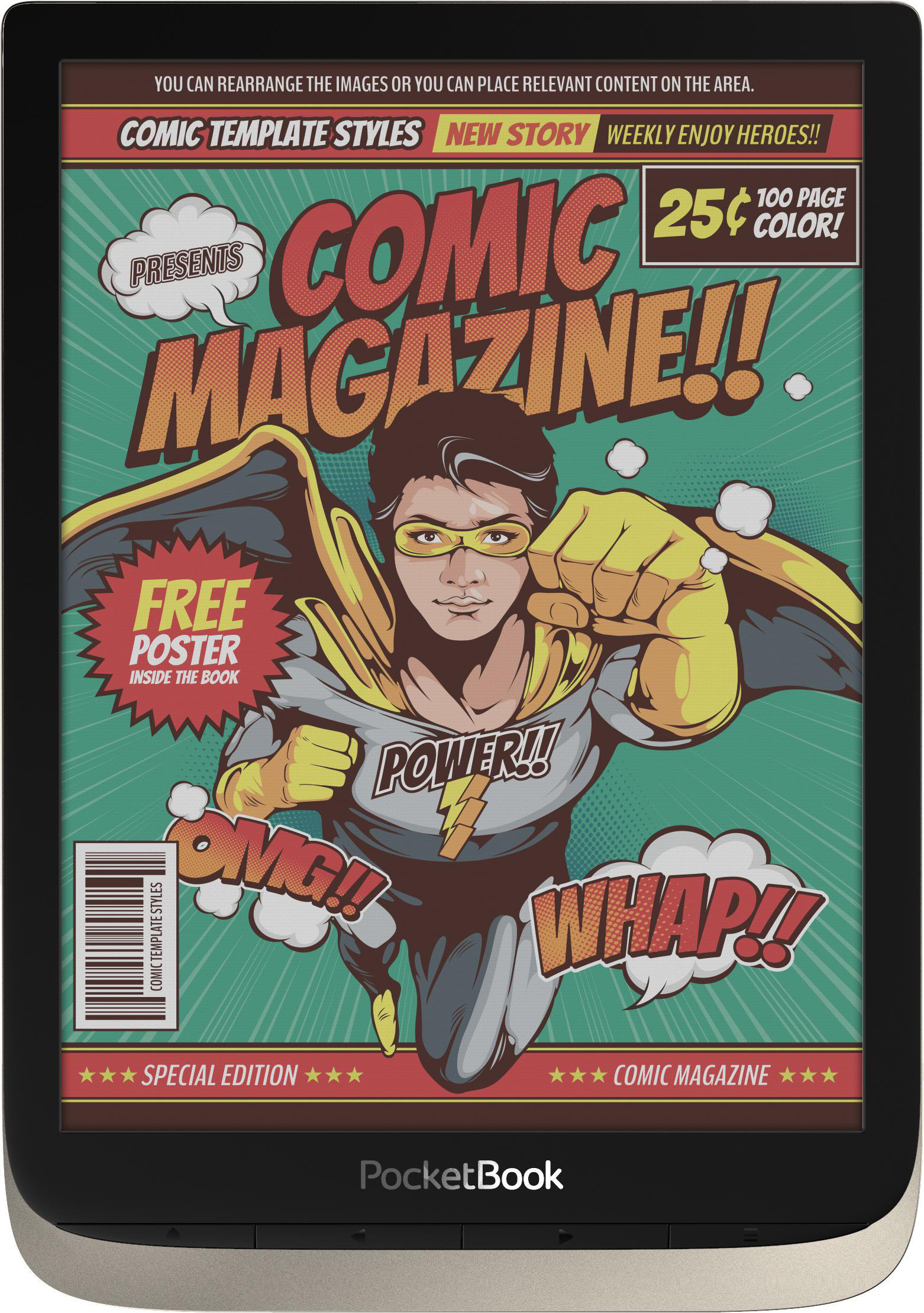 Ein PocketBook E-Reader, der ein Comic-Cover anzeigt.