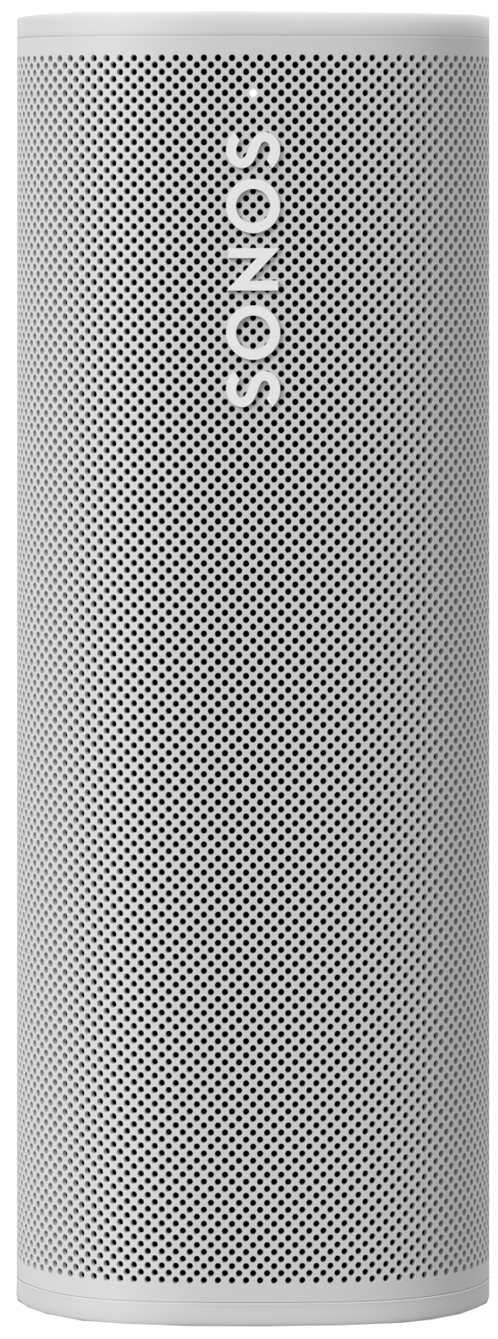 Haut-parleur Sonos cylindrique blanc avec surface perforée et 'SONOS' dessus.