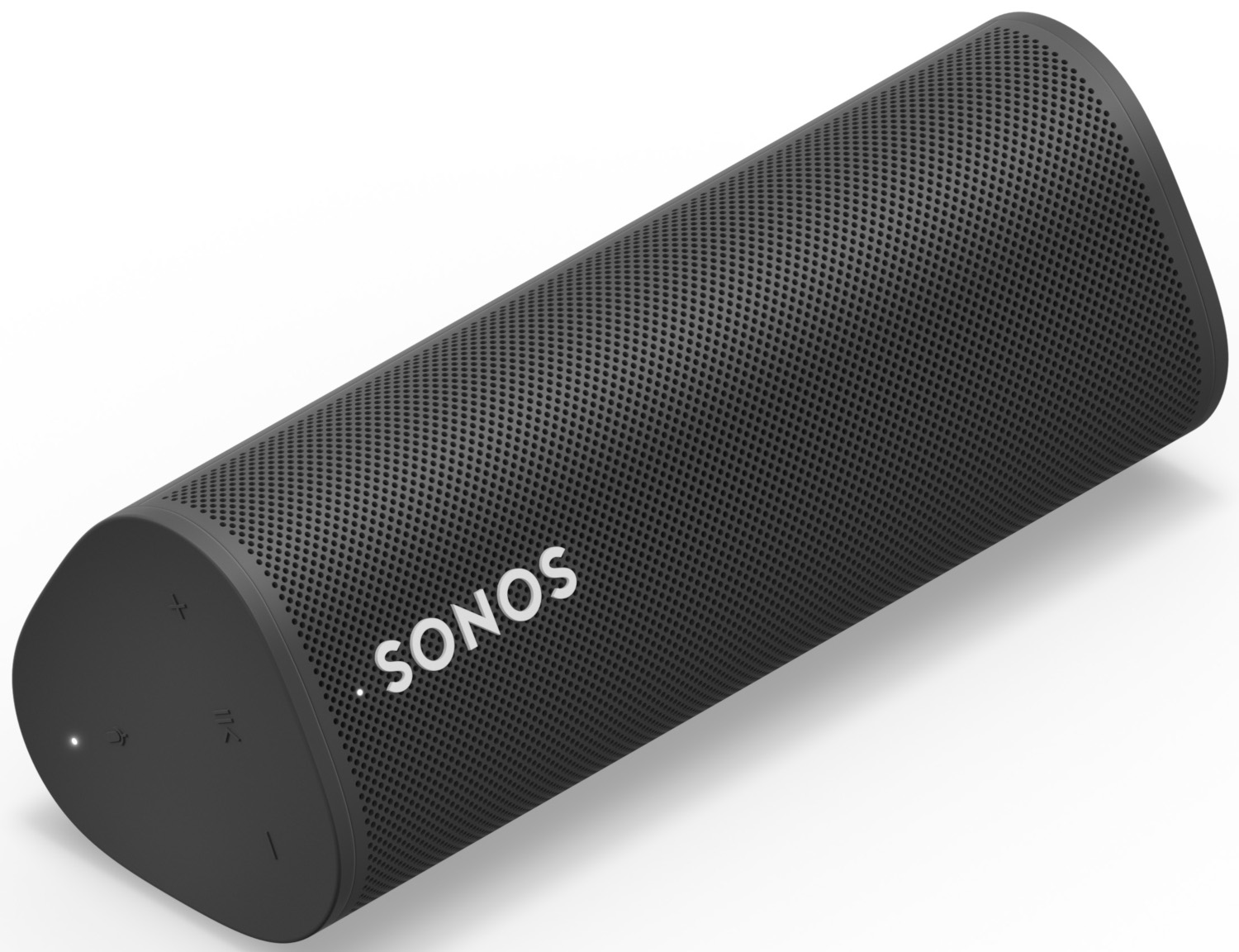 Zwarte Sonos-luidspreker, cilindervorm, met bedieningselementen en logo. Witte achtergrond.