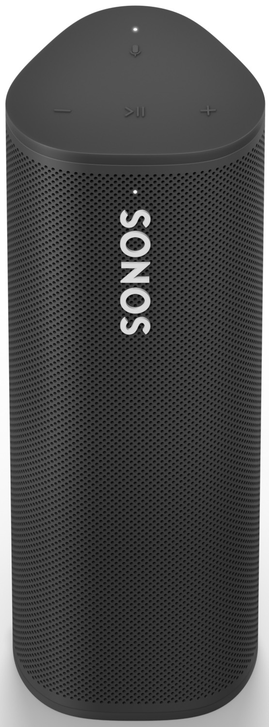 Zwarte Sonos-luidspreker met een minimalistisch design, bovenaanzicht.