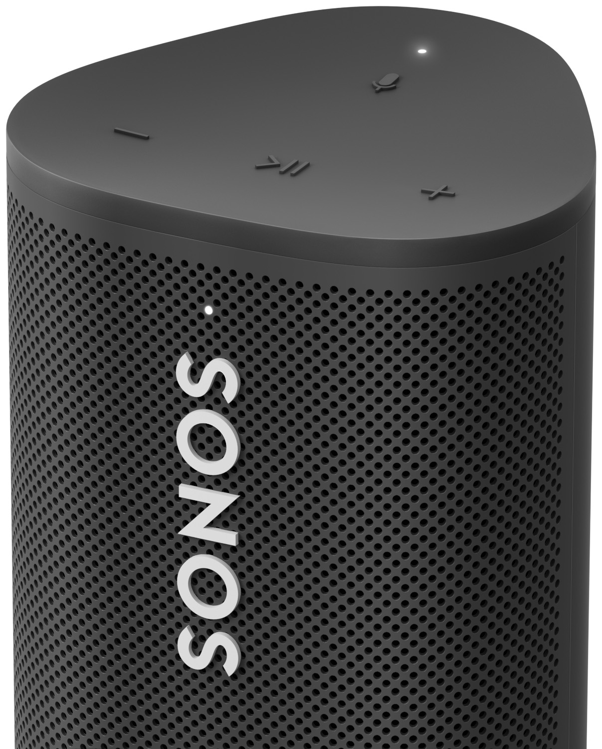 Zwarte Sonos-luidspreker met de merknaam in wit en bedieningsknoppen.