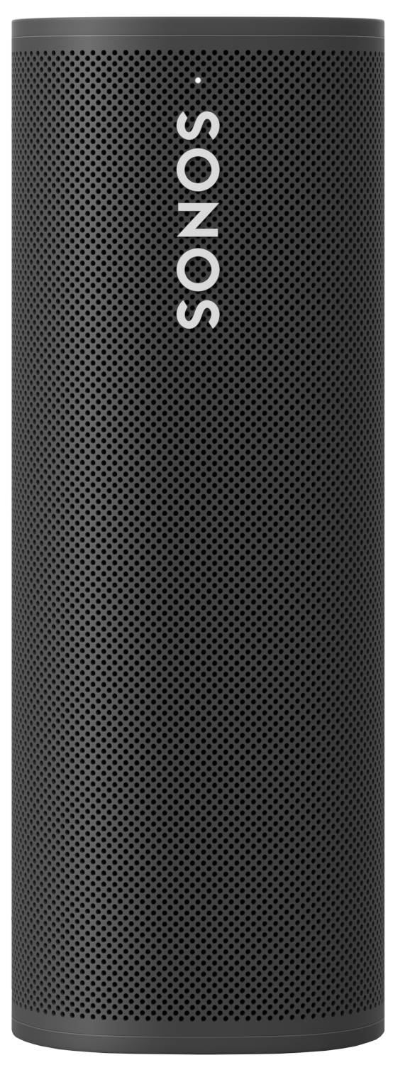 Zwarte Sonos-luidspreker. Hij is cilindrisch en heeft kleine gaatjes over het hele oppervlak.