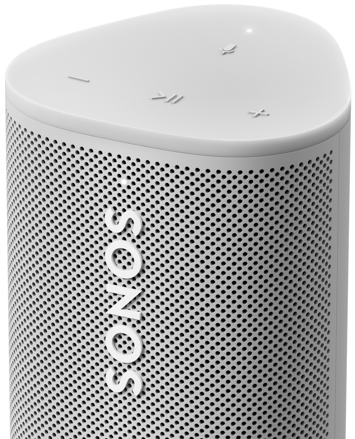 Une enceinte Sonos blanche. Elle est triangulaire, avec des trous, et porte le logo Sonos.