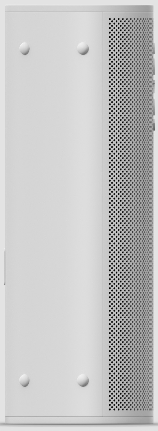 Un appareil blanc, grand et rectangulaire avec des trous de ventilation sur le côté droit et trois pieds circulaires.