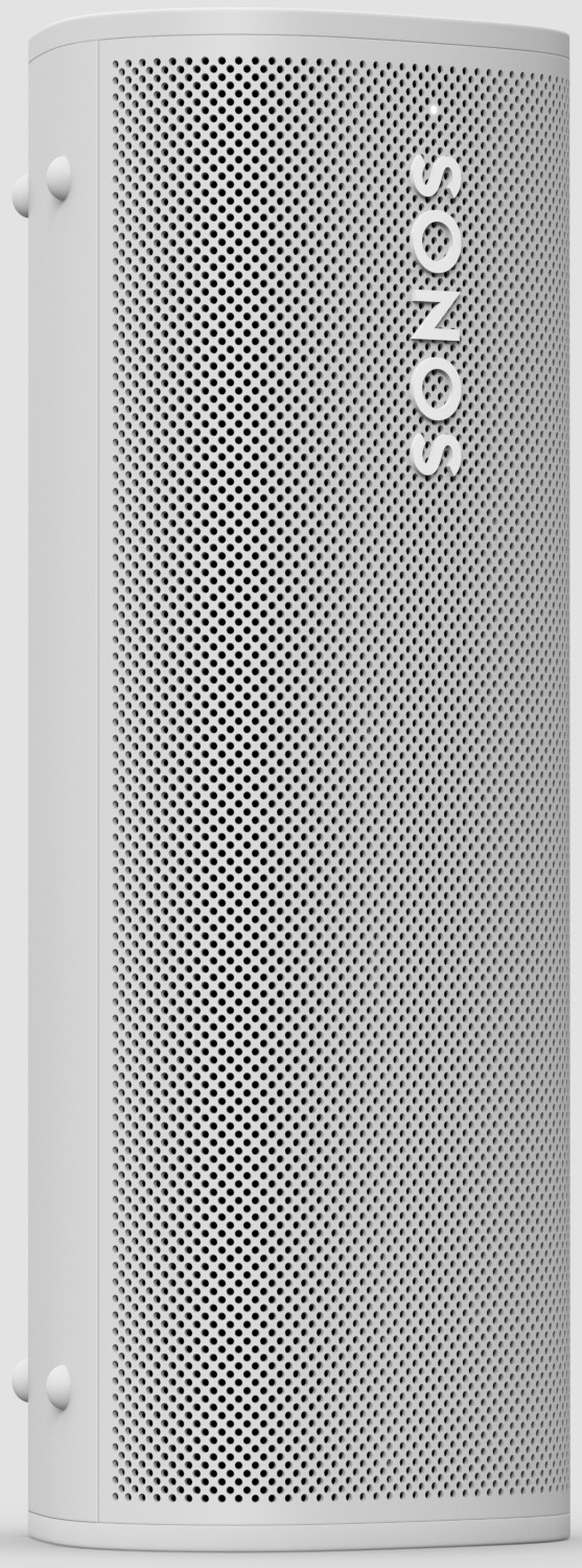 Haut-parleur cylindrique blanc avec surface perforée, le nom 'SONOS' est visible.