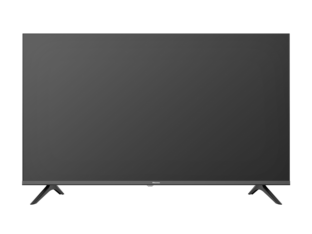 Televisor Hisense negro grande sobre dos patas negras. La pantalla está apagada y refleja la habitación.
