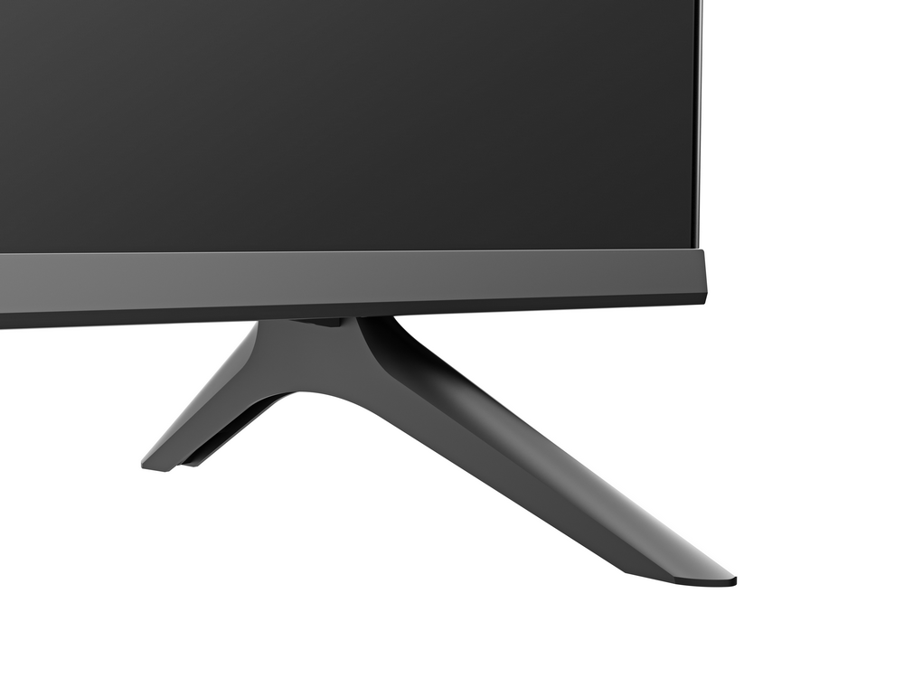 Vista de ángulo bajo de un soporte de TV y la base de un televisor. La base es negra y angular.
