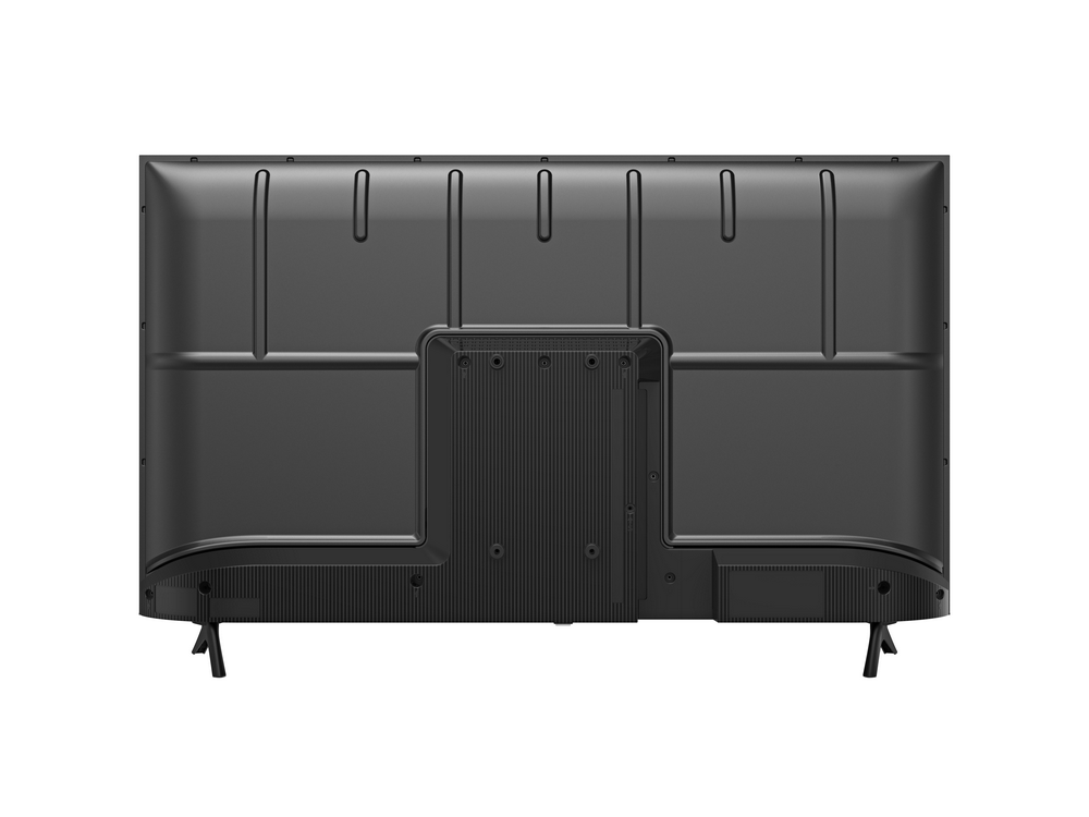 Vista trasera de un televisor negro. Tiene múltiples ranuras y soportes, sobre un fondo blanco.